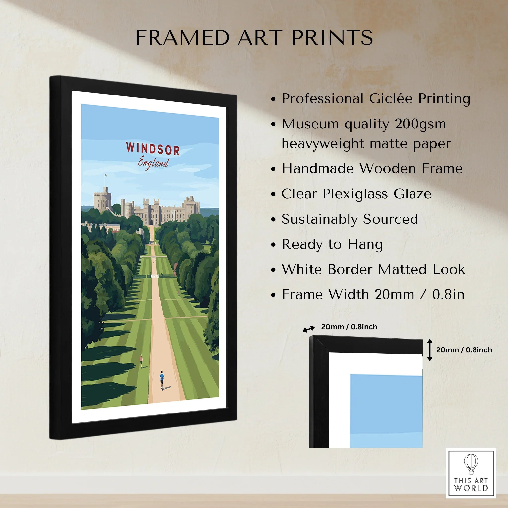 Framed Windsor England art print with black wooden frame, white matted border, and product details.