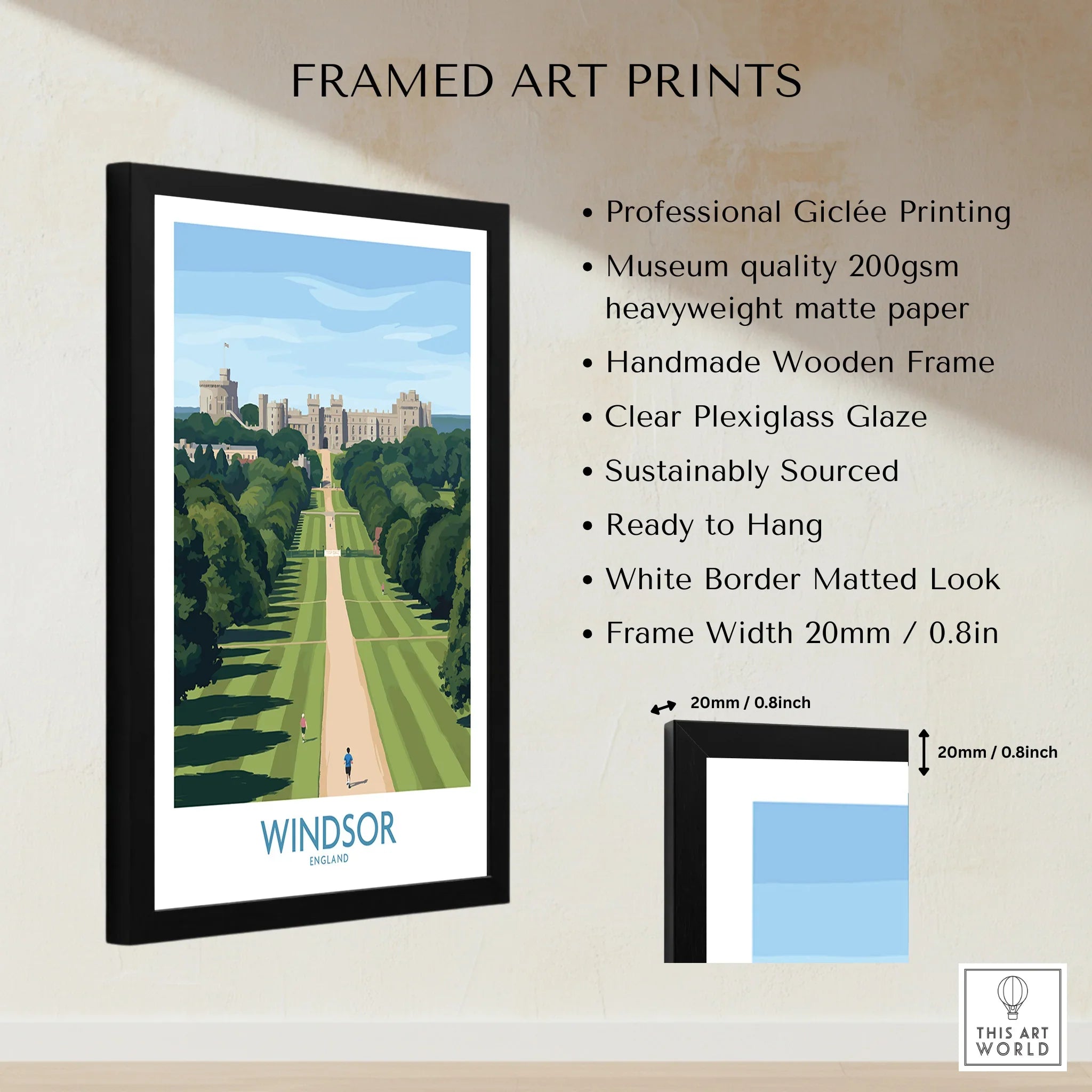 Framed Windsor England art print with museum-quality paper, wooden frame, and size details