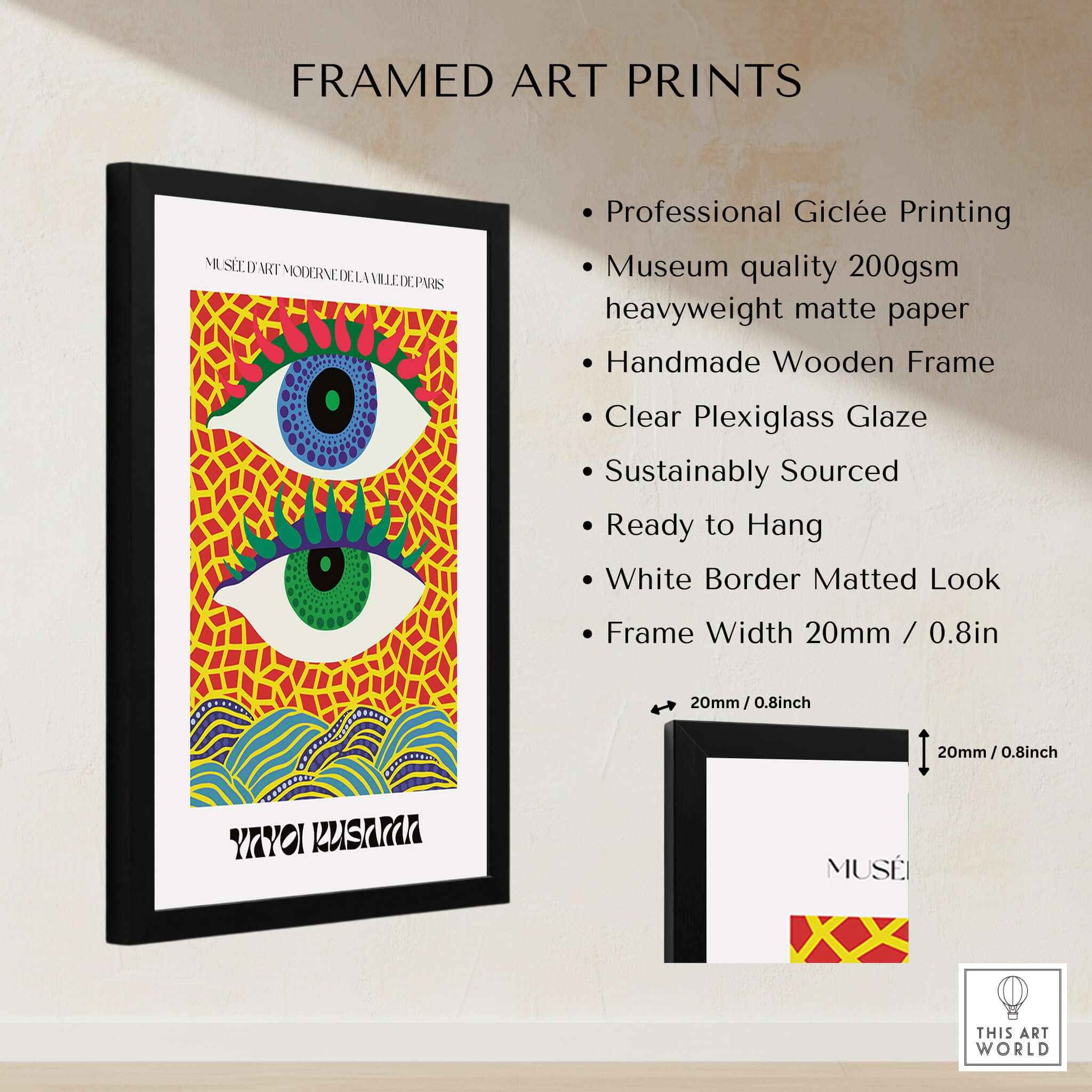 Yayoi Kusama Colorful Eyes Abstract Pattern Contemporary Art Print Paris Poster in a professional frame with Giclée printing.