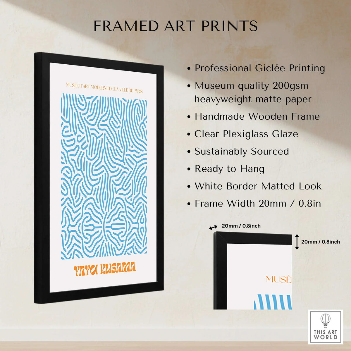 Yayoi Kusama Blue Infinity Net Pattern Abstract Art Print Paris Exhibition Poster framed art print with description.