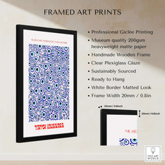 Yayoi Kusama Evil Eye Pattern Blue Contemporary Art Print Poster Paris Wall Decor framed with a black wooden frame.