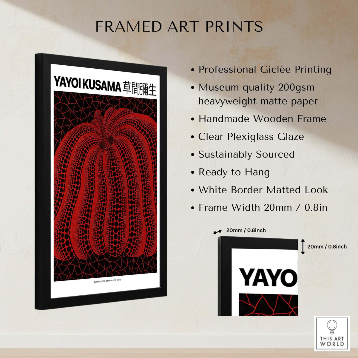Yayoi Kusama Red Black Pumpkin 2000 Tokyo Exhibition Poster Polka Dot Art Print framed art print details and features.