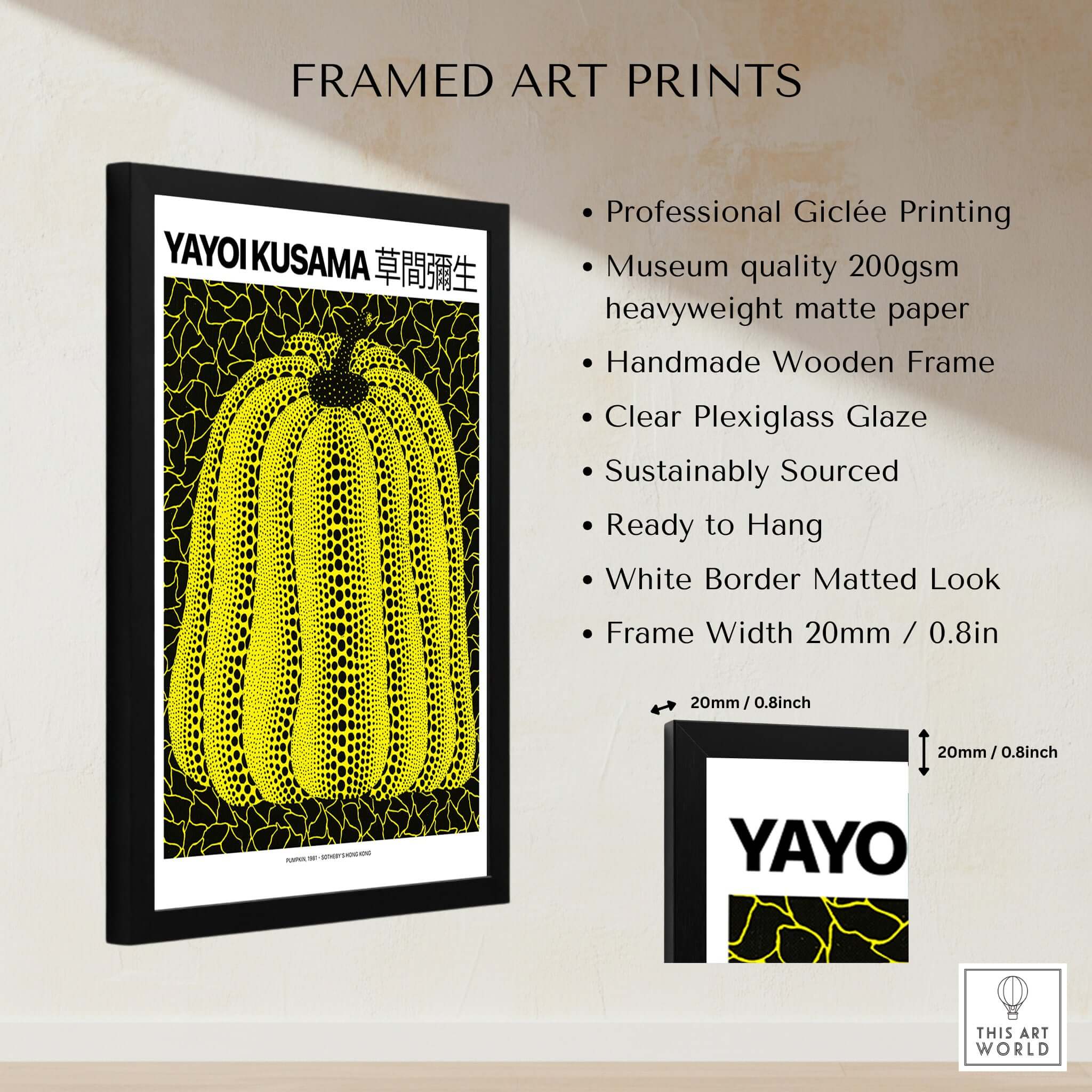 Yayoi Kusama Yellow Black Pumpkin 1991 Hong Kong Art Print Poster Polka Dot Decor framed art print with plexiglass.