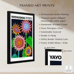 Yayoi Kusama Colorful Flowers 2015 Tokyo Art Print Poster Contemporary Polka Dot Wall Art framed in a stylish black frame.
