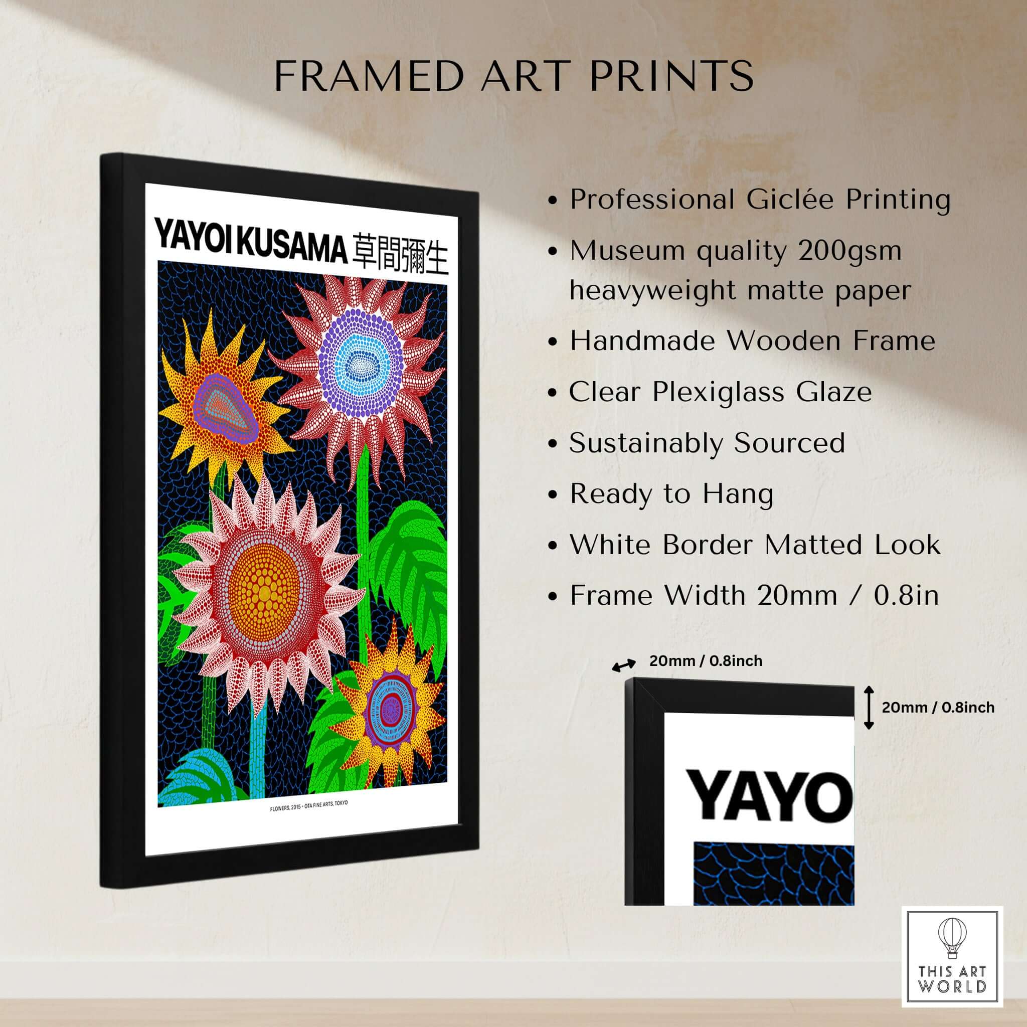 Yayoi Kusama Colorful Flowers 2015 Tokyo Art Print Poster Contemporary Polka Dot Wall Art framed in a stylish black frame.