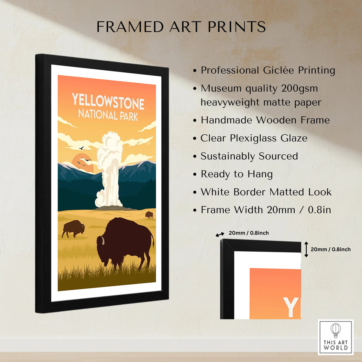 Yellowstone National Park framed art print with bison and geyser, wall decor details