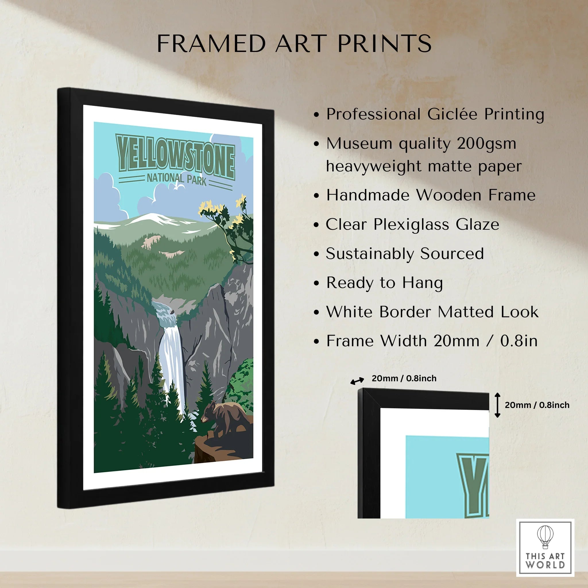 Framed Yellowstone National Park art print with waterfall, bear, and forest illustration