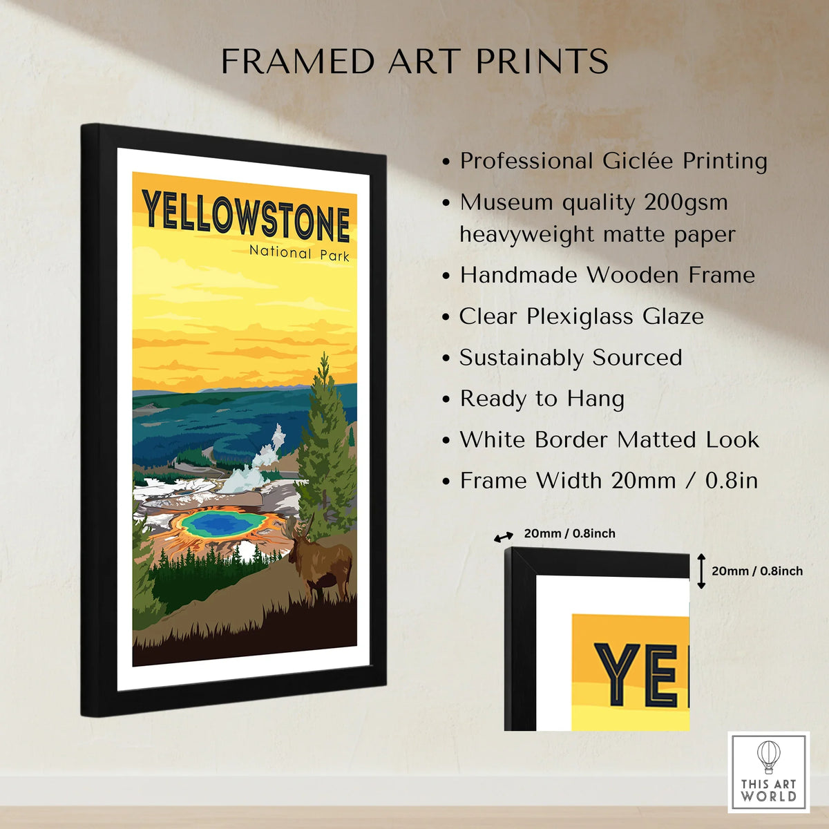 Framed Yellowstone National Park art print with scenic landscape, elk, and measurement details