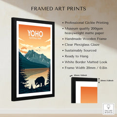 Framed Yoho National Park art print with mountain, lake, bear, and product details
