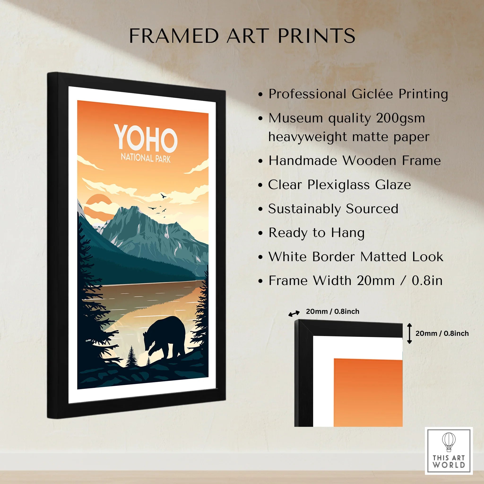 Framed Yoho National Park art print with mountain, lake, bear, and product details