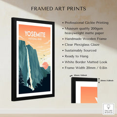 Framed Yosemite National Park art print with sunset, waterfall, and figure, shown with frame details