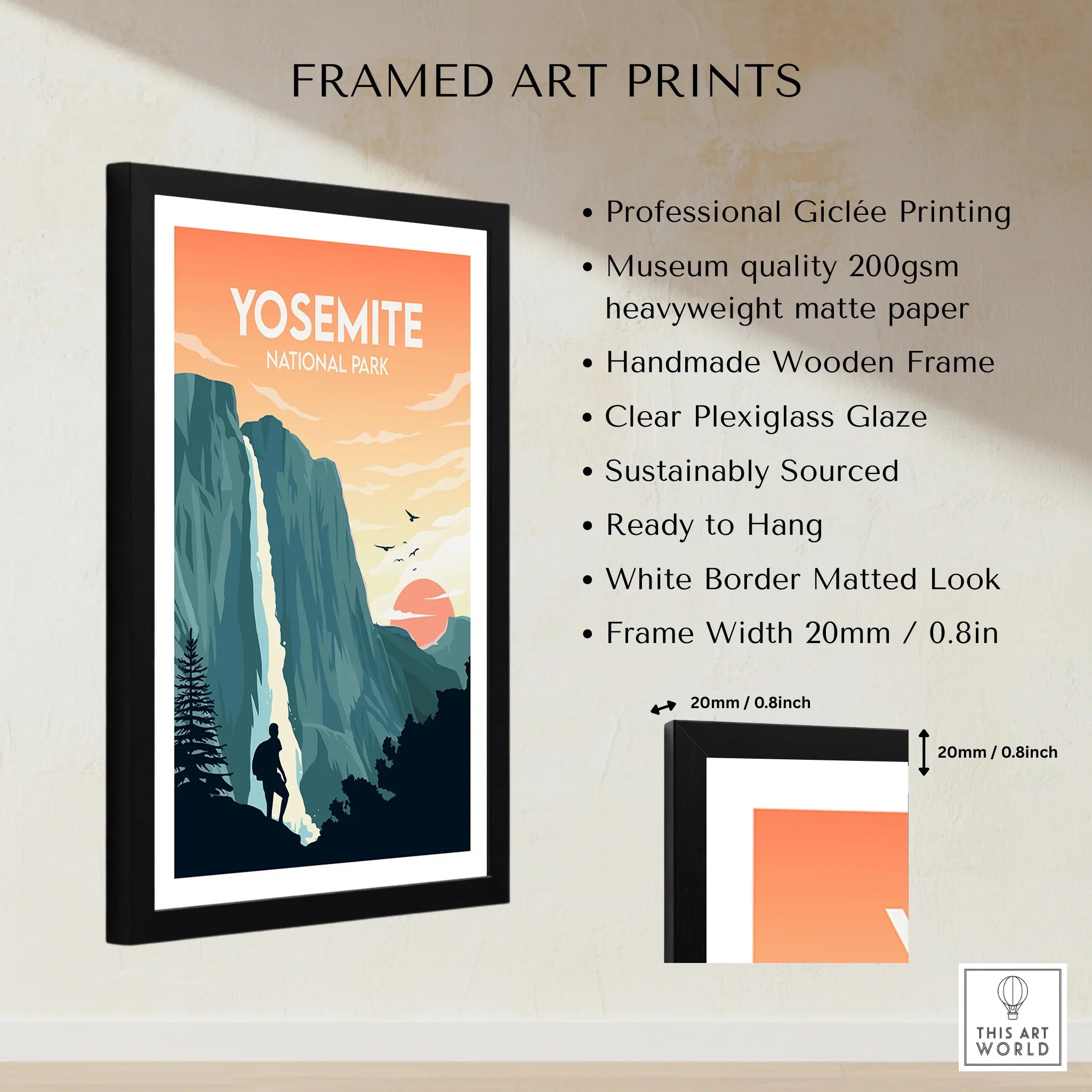 Framed Yosemite National Park art print with sunset, waterfall, and figure, shown with frame details