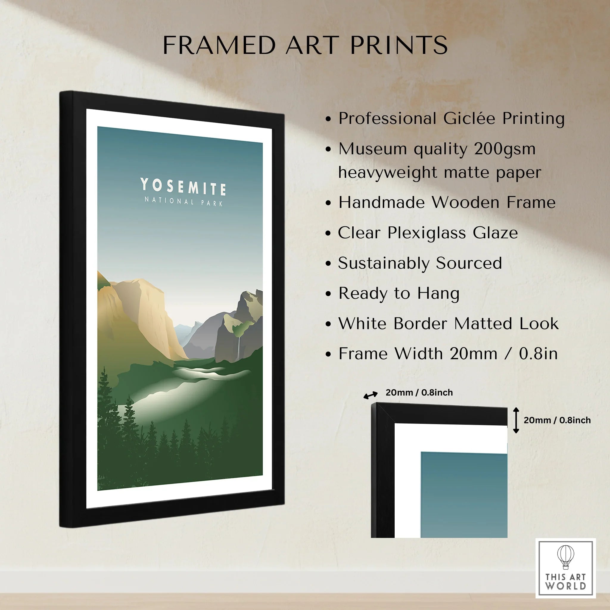 Framed Yosemite National Park art print with matte border and quality details on wall