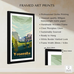 Framed Yosemite National Park art print with deer, mountains, giclée print details listed.