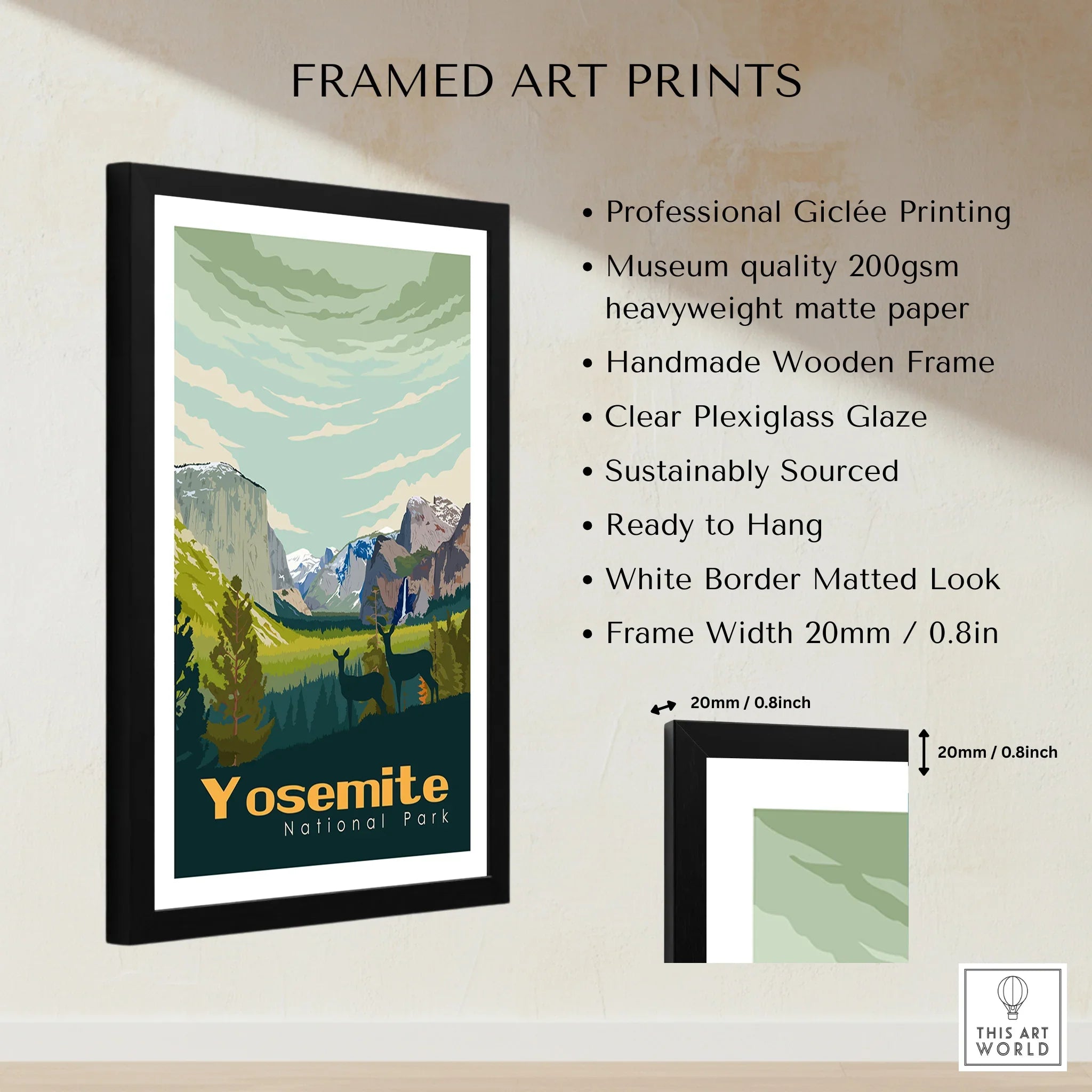 Framed Yosemite National Park art print with deer, mountains, giclée print details listed.