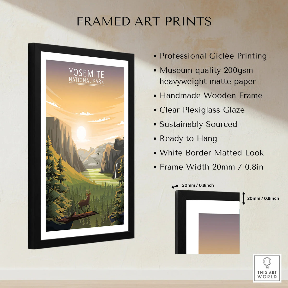 Framed Yosemite National Park print with forest, mountains, and sunrise, wall art details listed.