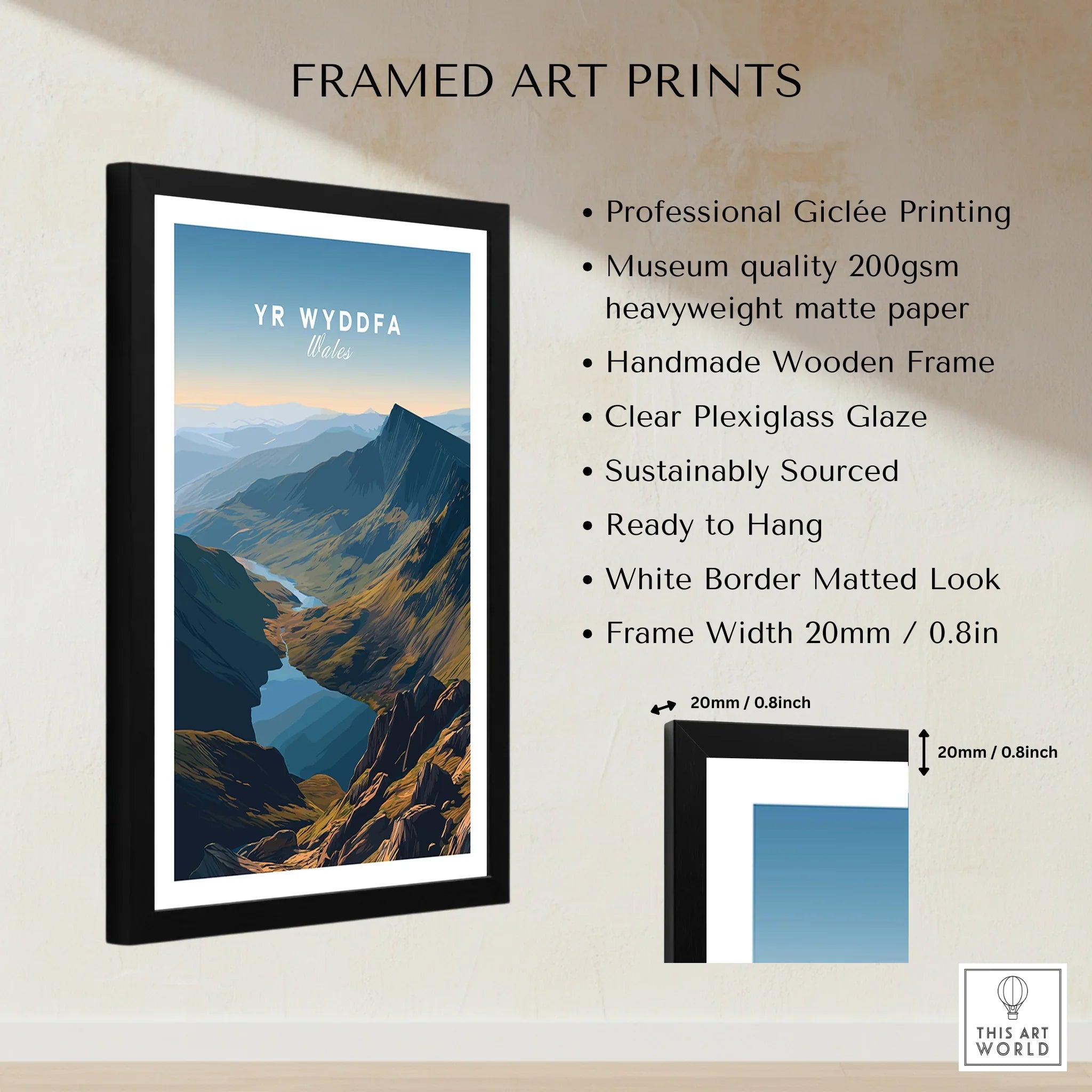 Framed art print of Yr Wyddfa Wales mountain landscape with quality and size details
