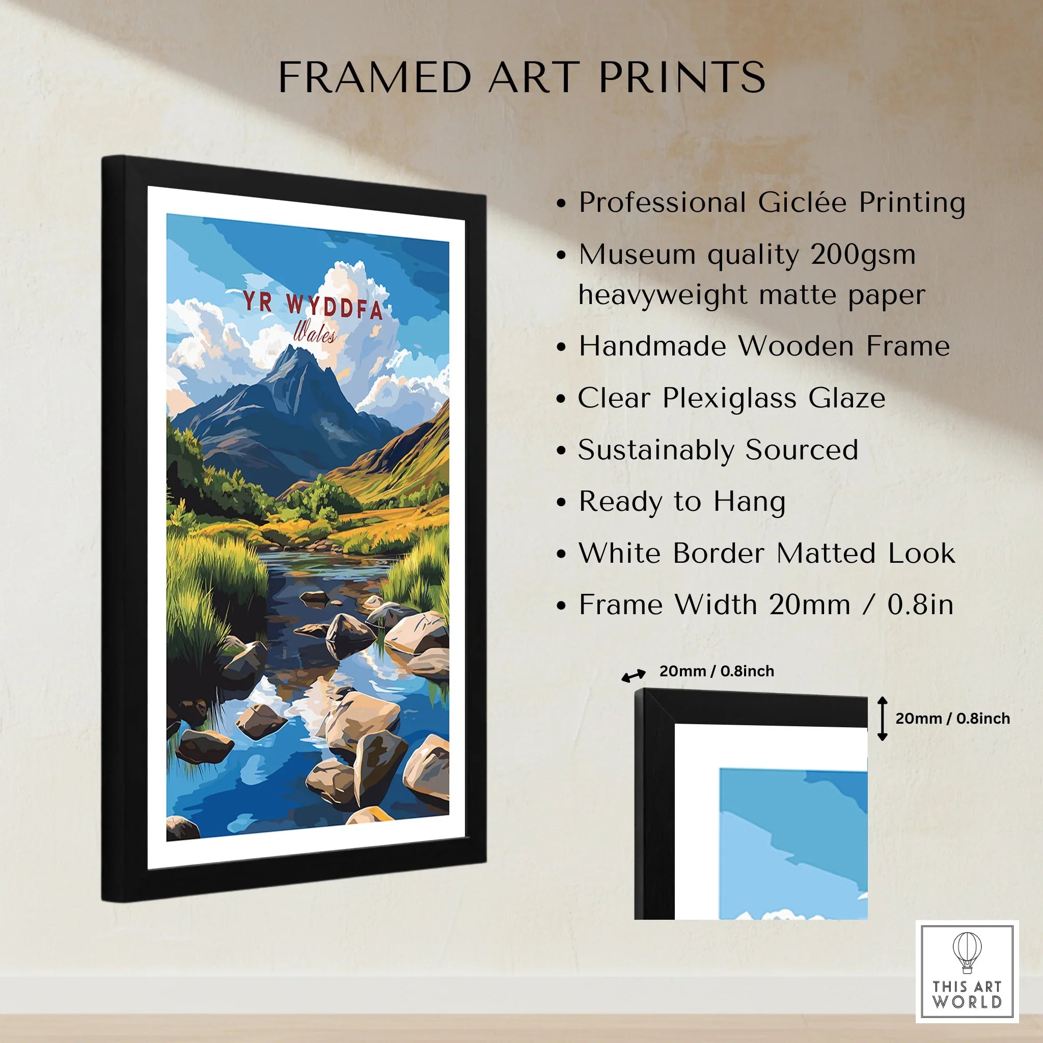 Framed Yr Wyddfa Wales travel poster art print with mountain landscape, black wooden frame, and product details.