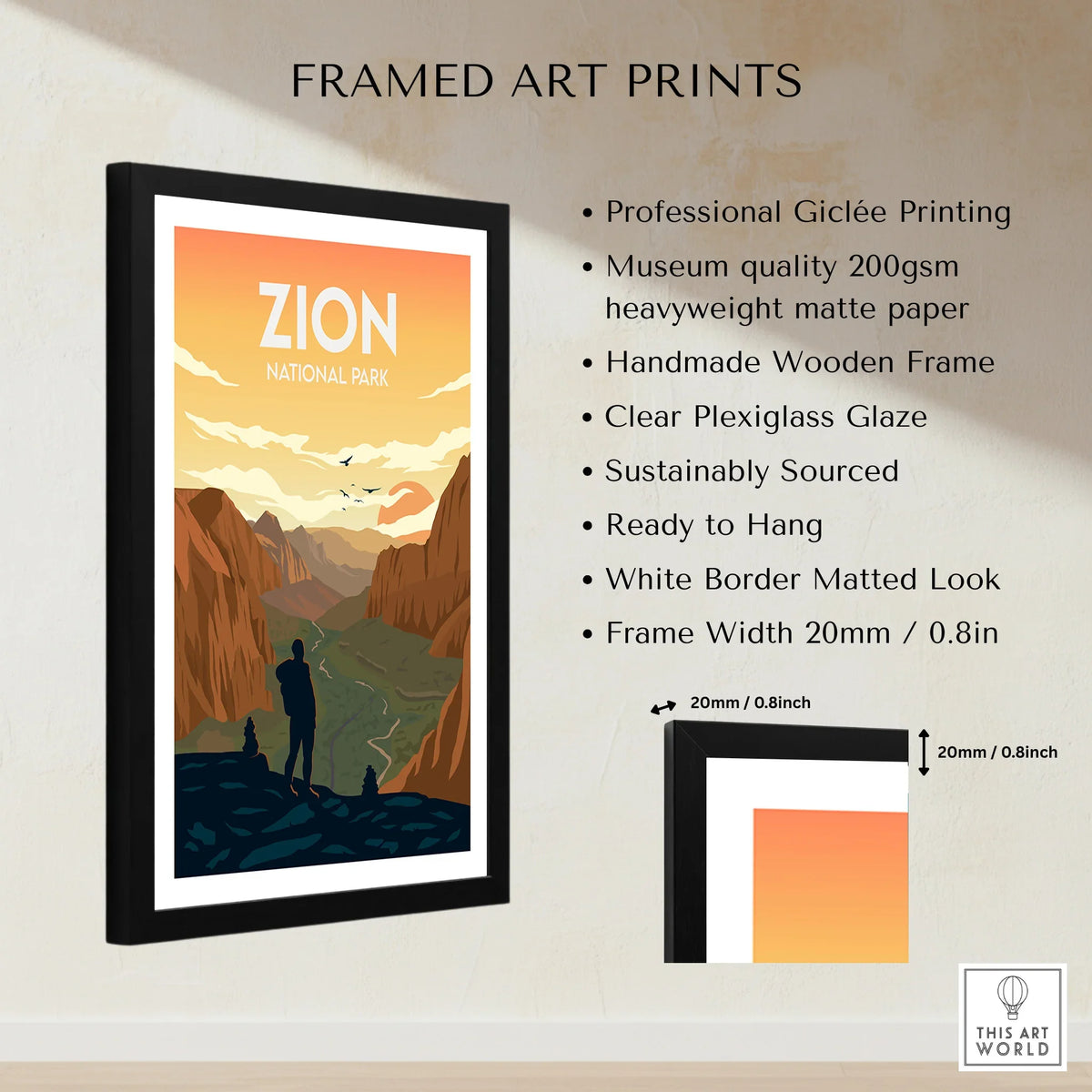 Framed Zion National Park art print with sunset landscape, quality and size details shown.