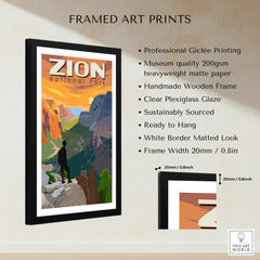 Framed Zion National Park art print with silhouette hiker, sunset mountains, and matte border.
