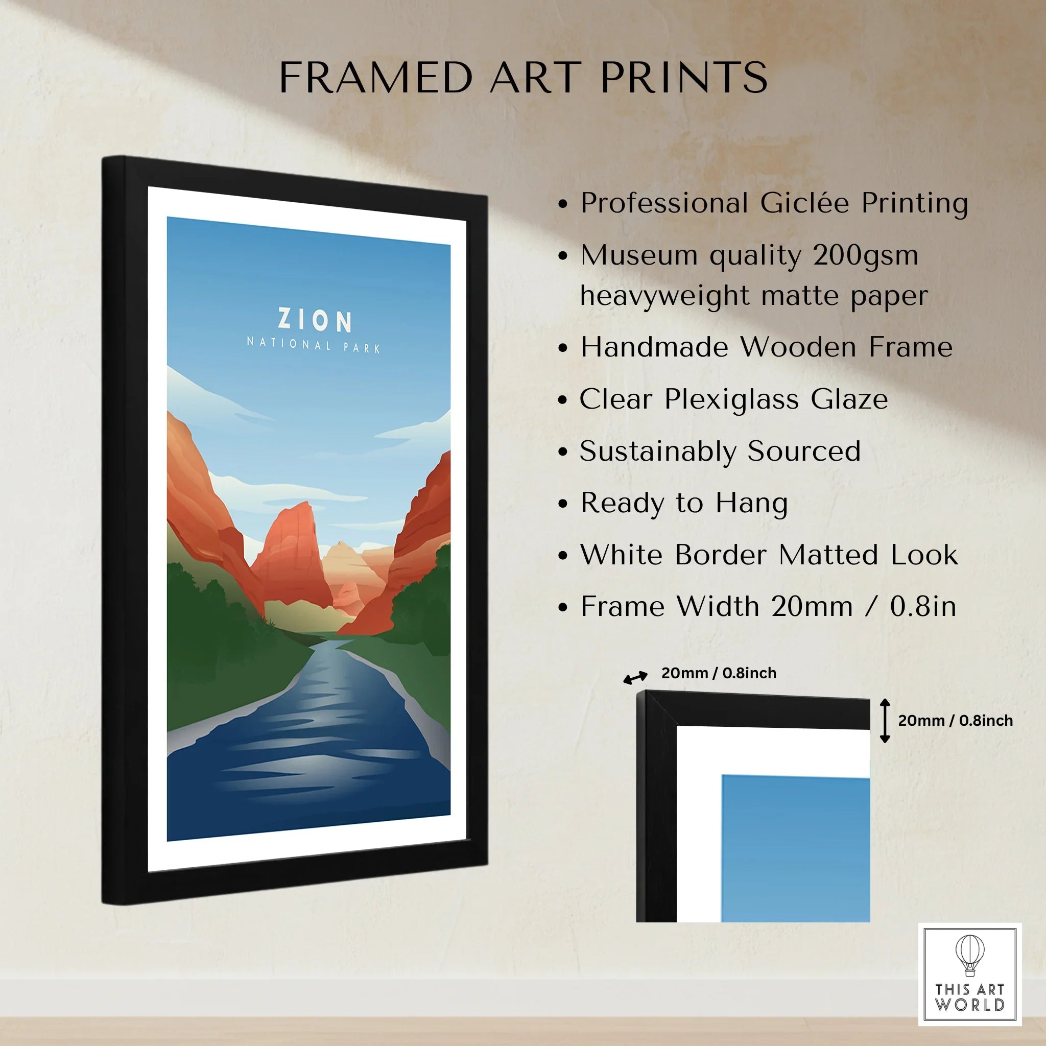 Framed Zion National Park wall art print with product features and measurements displayed.