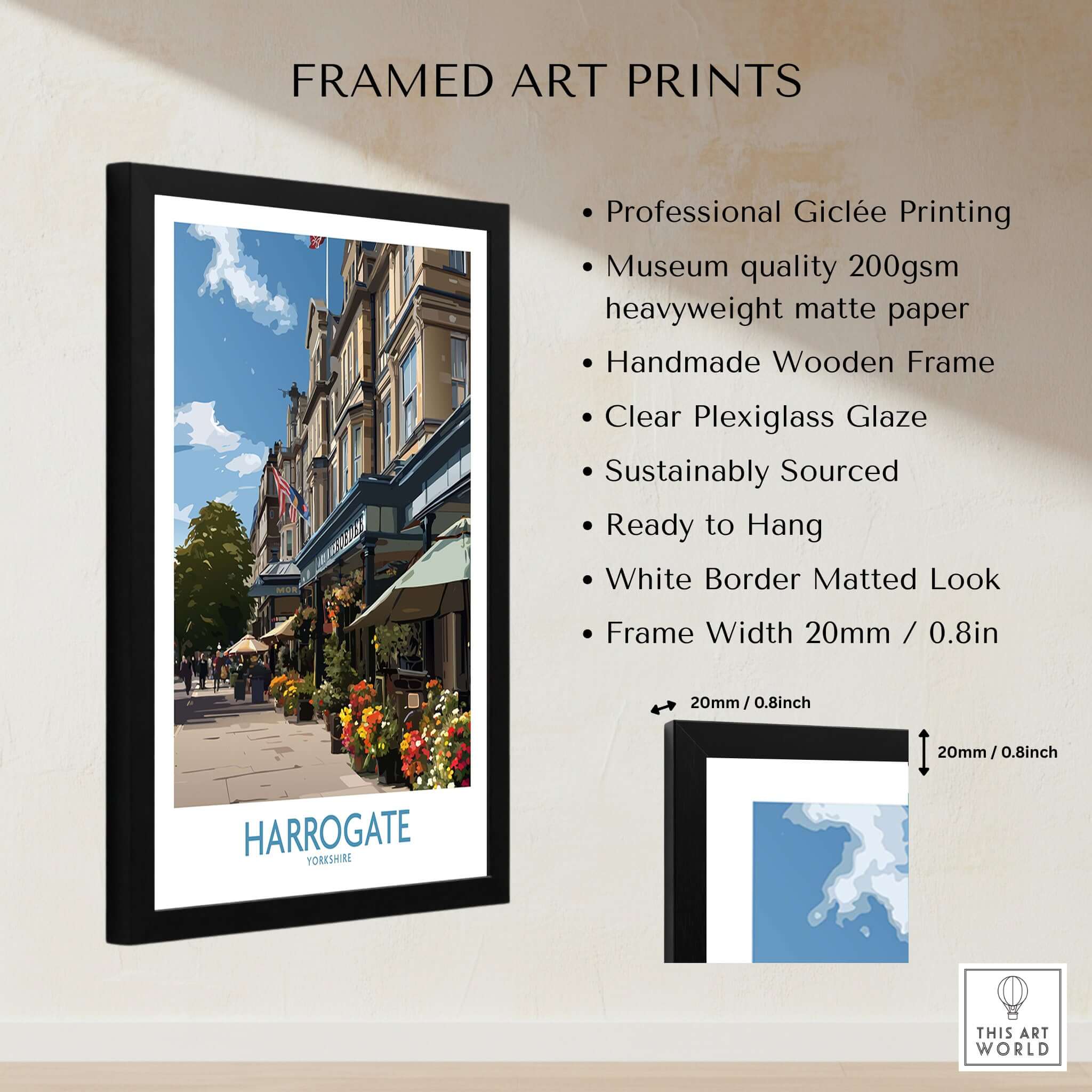 Harrogate Yorkshire Art Print | Floral Cafe Scene Poster framed art print with clear plexiglass and matted look.