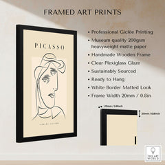 Picasso Woman Hat Profile Line Art Abstract Portrait Modern Gallery Wall Art Print in a framed setup with specifications.