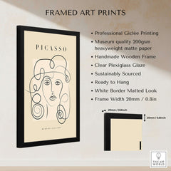 Picasso Woman Curly Hair Line Art Abstract Portrait Poster Modern Gallery Wall Art displayed in a stylish black frame.