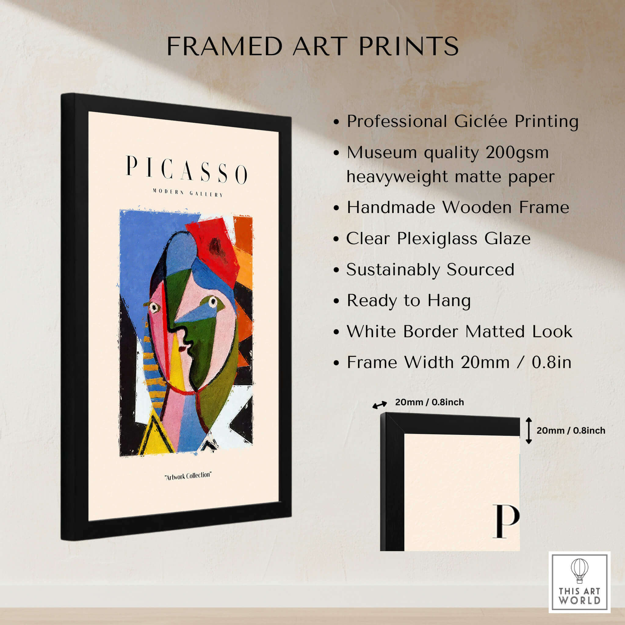 Picasso Geometric Face Abstract Art Print Colorful Cubist Portrait Poster Artwork Collection framed with wooden frame.