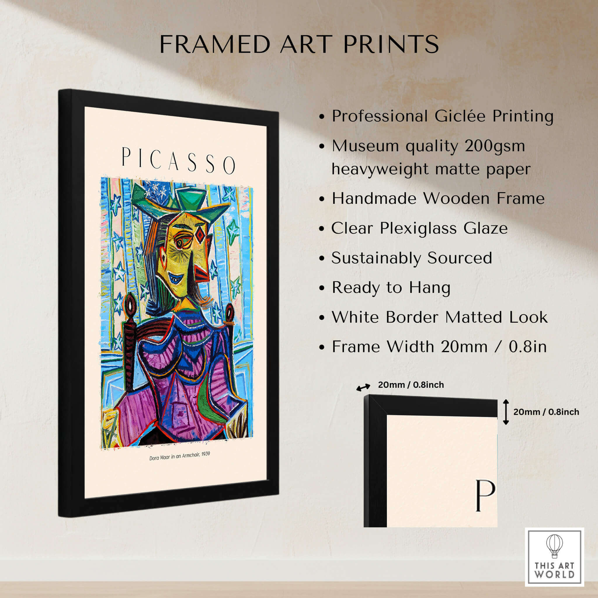 Picasso Dora Maar Armchair 1939 Portrait Print Cubist Seated Woman Poster Art framed print with colorful design and wooden frame.