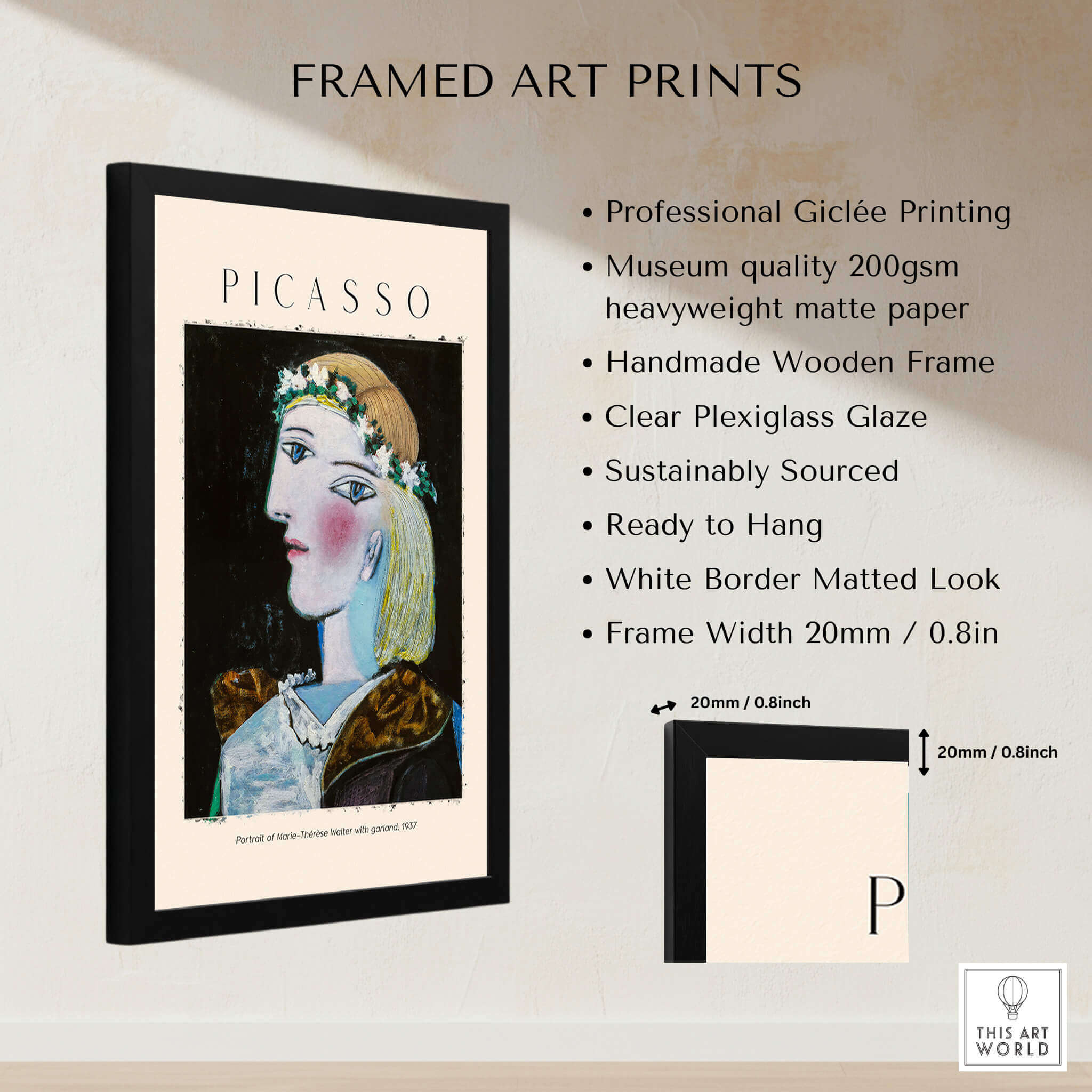 Framed Picasso Portrait Marie Thérèse Walter Garland 1937 Art Print Cubist Woman Poster with detailed description.