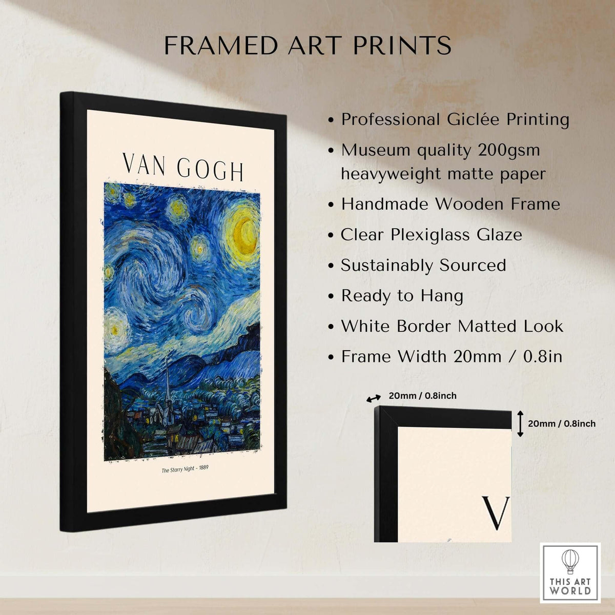 Starry Night Print:  Vincent van Gogh Poster framed with museum quality materials and plexiglass glaze.