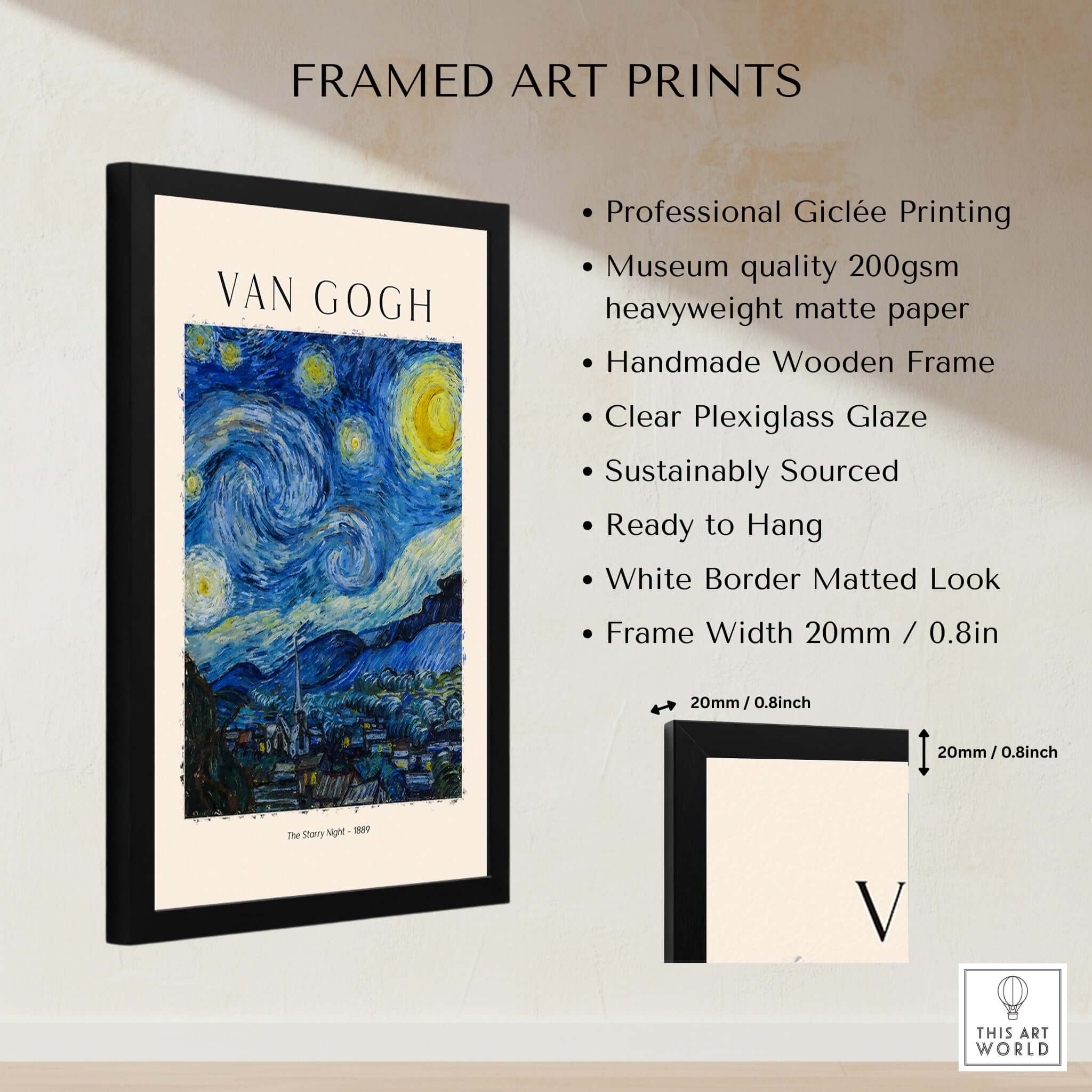 Starry Night Print:  Vincent van Gogh Poster framed with museum quality materials and plexiglass glaze.
