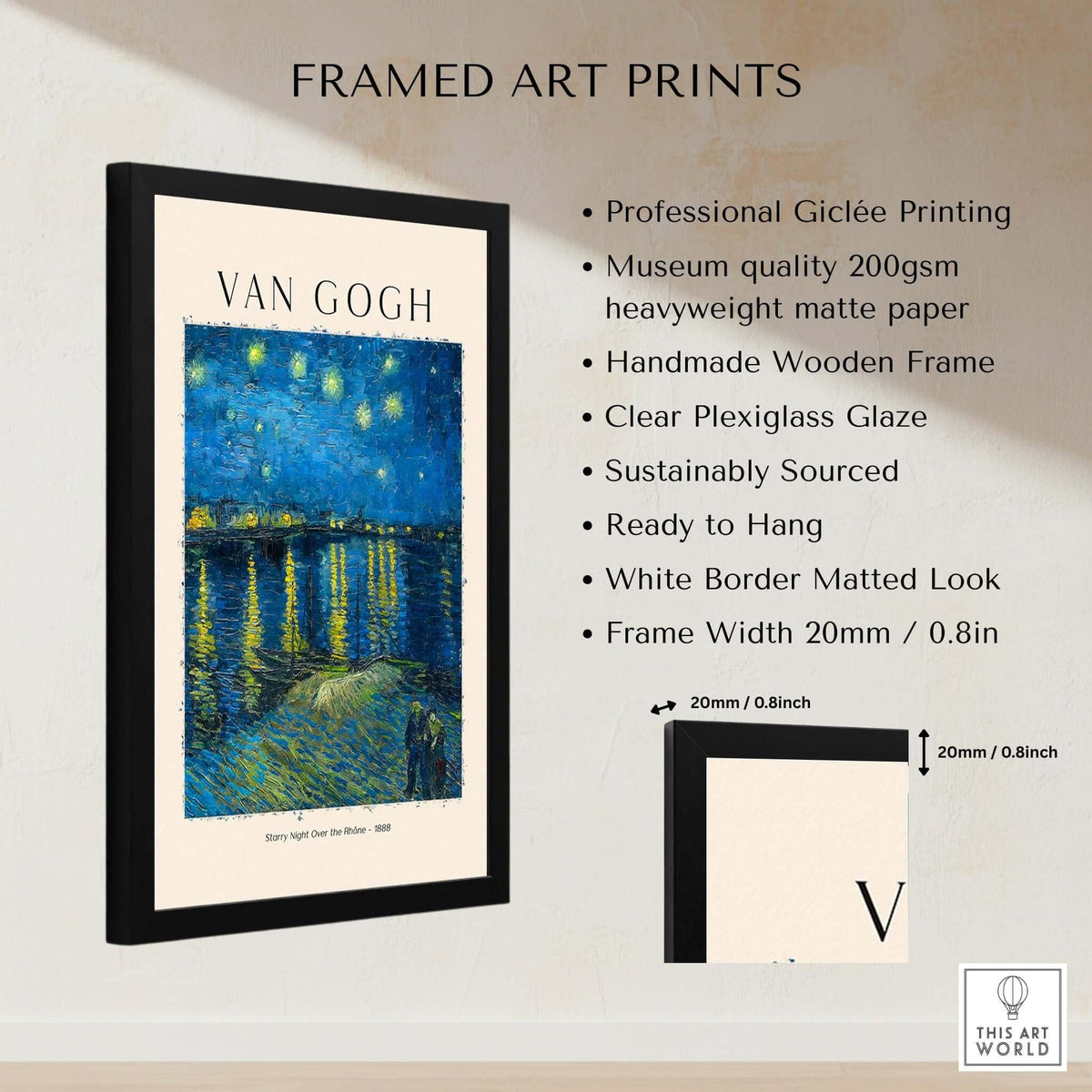 Vincent van Gogh Starry Night Over the Rhône 1888 Post Impressionist Landscape Poster Print framed art print display.