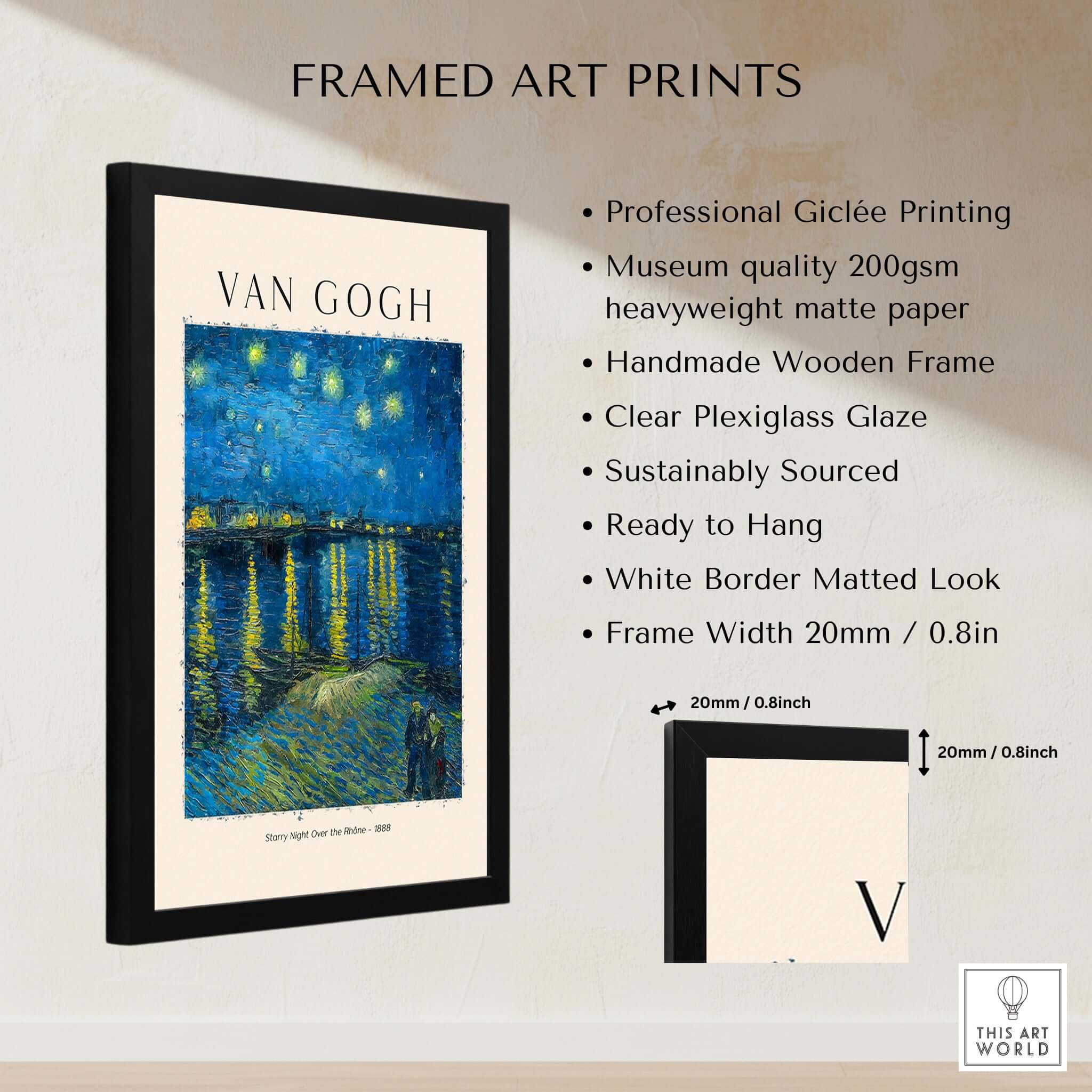 Vincent van Gogh Starry Night Over the Rhône 1888 Post Impressionist Landscape Poster Print framed art print display.