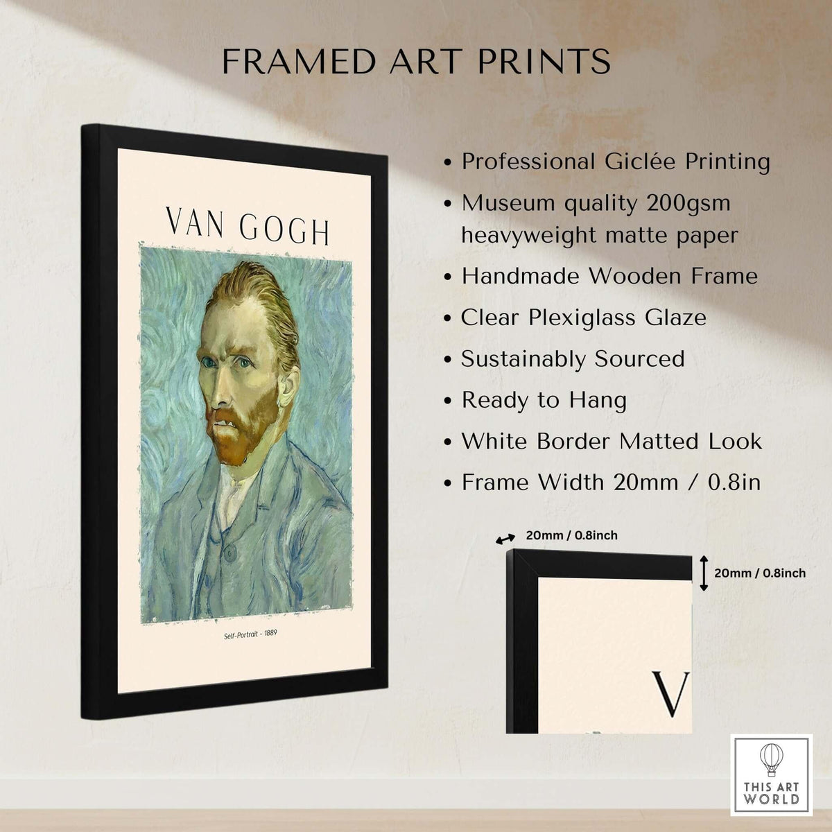 Vincent van Gogh Self Portrait 1889 Blue Post Impressionist Art Print Poster Wall Art in a framed design.