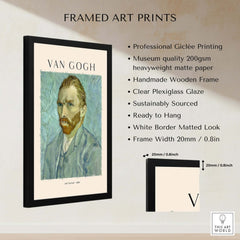 Vincent van Gogh Self Portrait 1889 Blue Post Impressionist Art Print Poster Wall Art in a framed design.