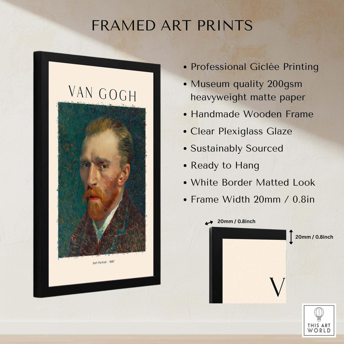 Vincent van Gogh Self Portrait 1887 Post Impressionist Artist Poster Print Wall Art framed with professional giclée printing.