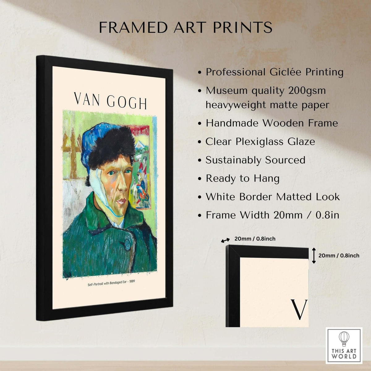 Vincent van Gogh Self Portrait Bandaged Ear 1889 Famous Art Print Poster Wall Decor framed on a wall with details.