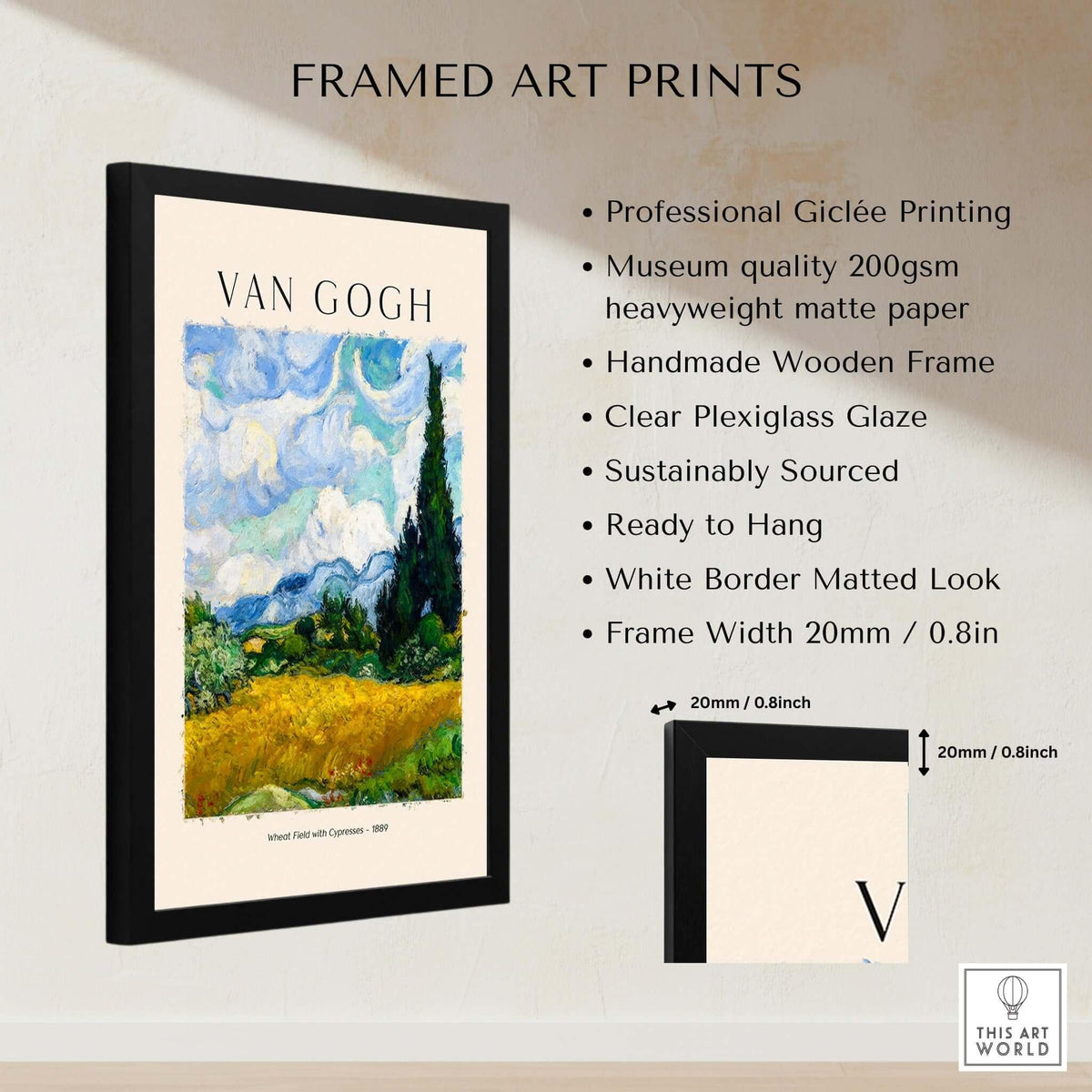 Vincent van Gogh Wheat Field with Cypresses 1889 Landscape Art Print Post Impressionist Poster framed with clear plexiglass.
