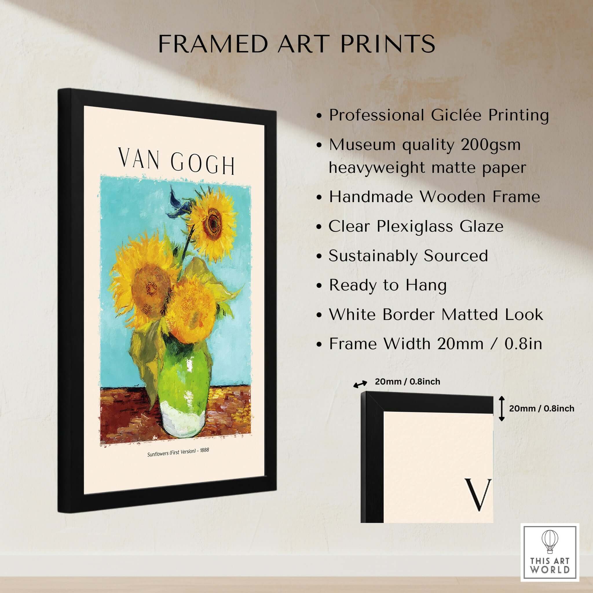 van Gogh Sunflowers Print - Sunflower Wall Art framed art print featuring vibrant yellow sunflowers in a green vase.