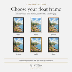 Acadia National Park rocky coastline and pines watercolour art print, float frame colour options for the framed canvas