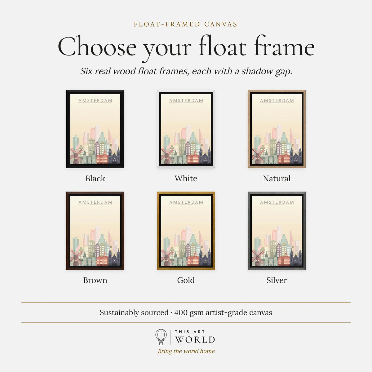 Amsterdam city skyline art print, float frame colour options for the framed canvas