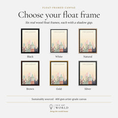 Amsterdam city skyline art print, float frame colour options for the framed canvas