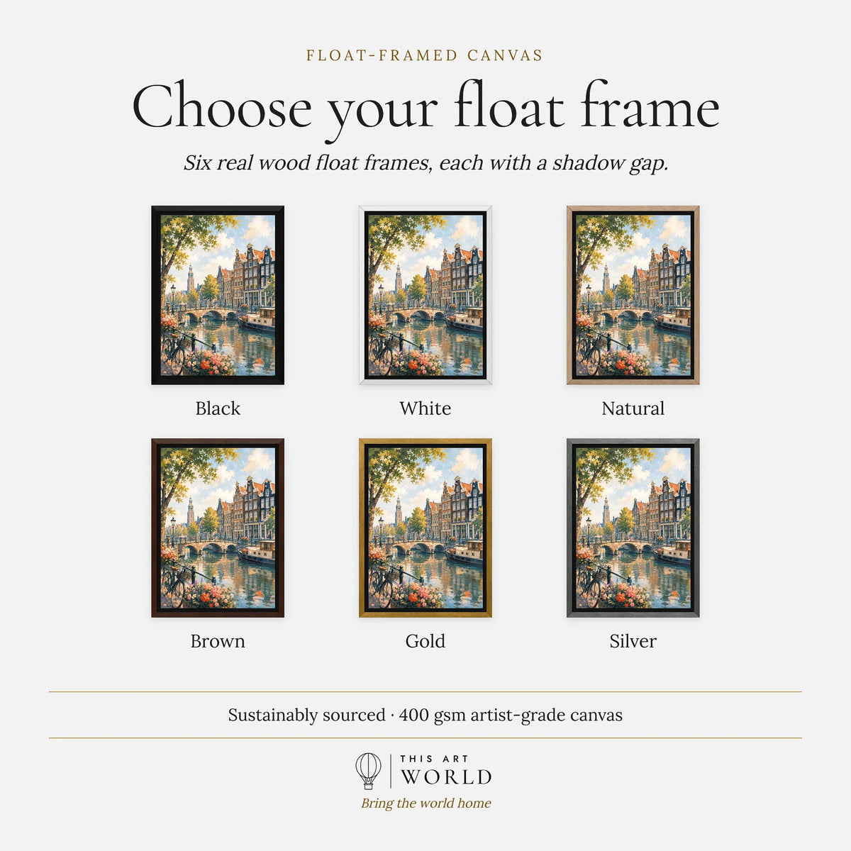 Amsterdam canal houses and bridge watercolour art print, float frame colour options for the framed canvas