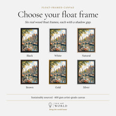 Amsterdam canal houses and bridge watercolour art print, float frame colour options for the framed canvas
