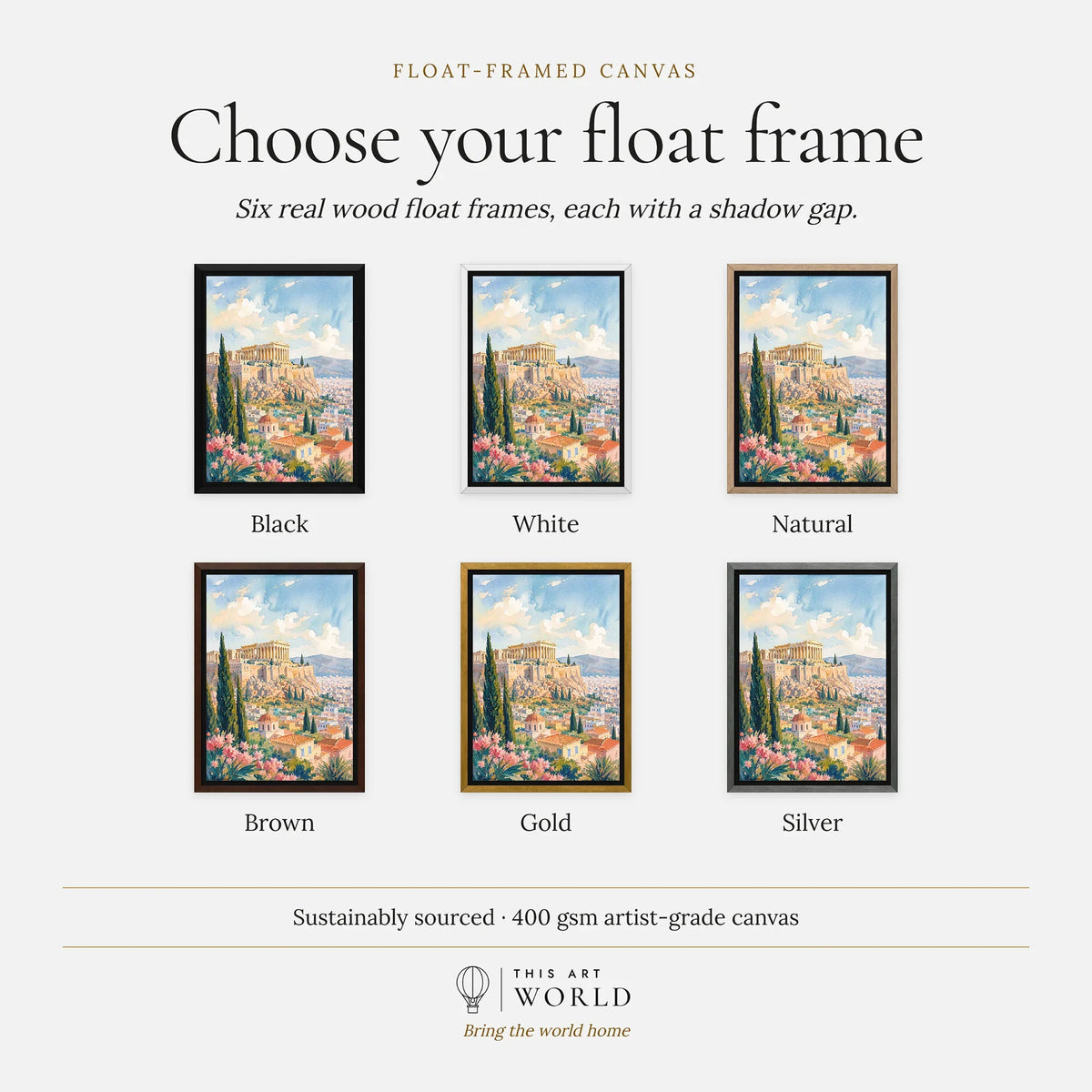 Athens Acropolis and Parthenon watercolour art print, float frame colour options for the framed canvas