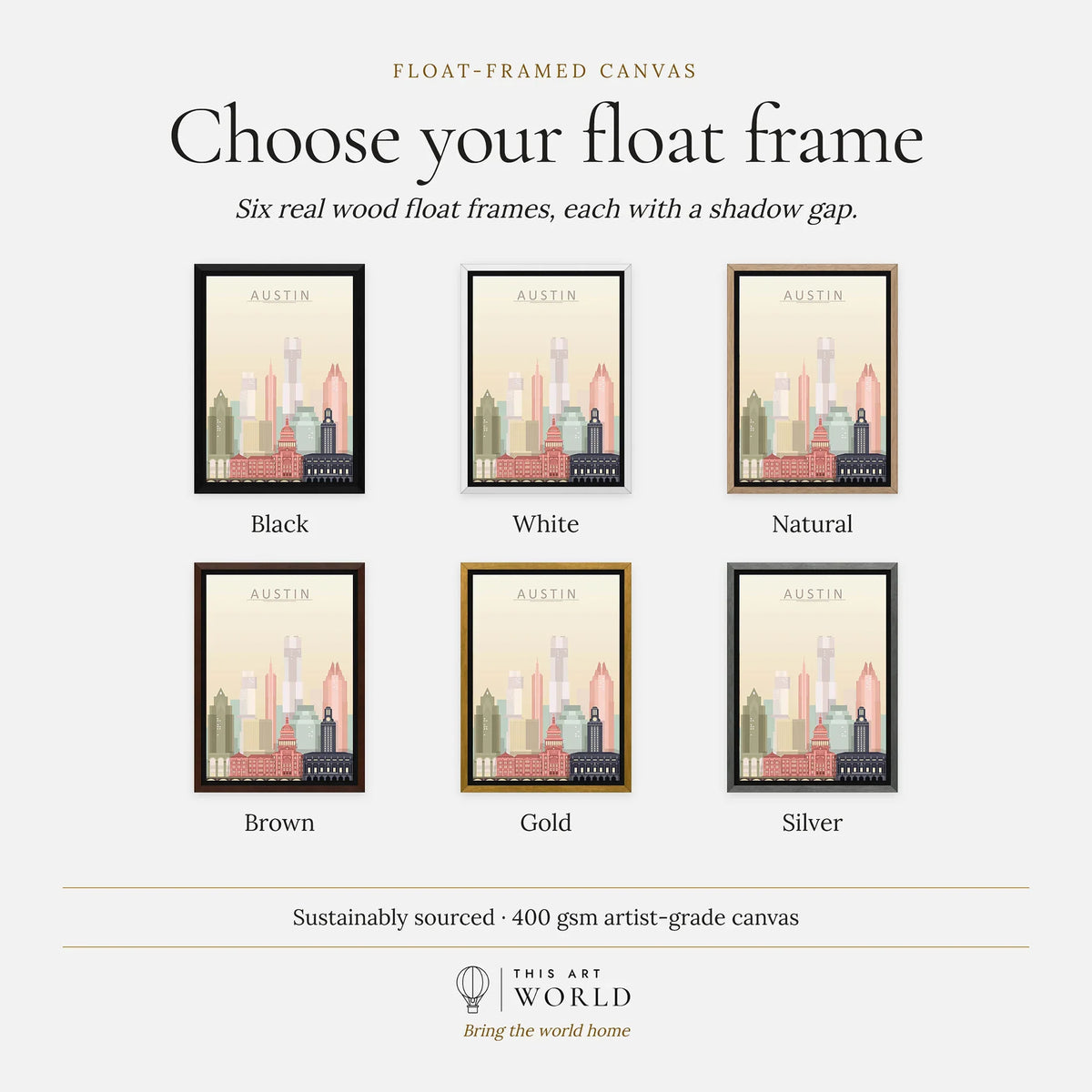 Austin city skyline art print, float frame colour options for the framed canvas