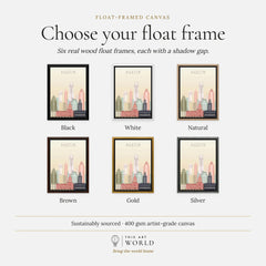 Austin city skyline art print, float frame colour options for the framed canvas
