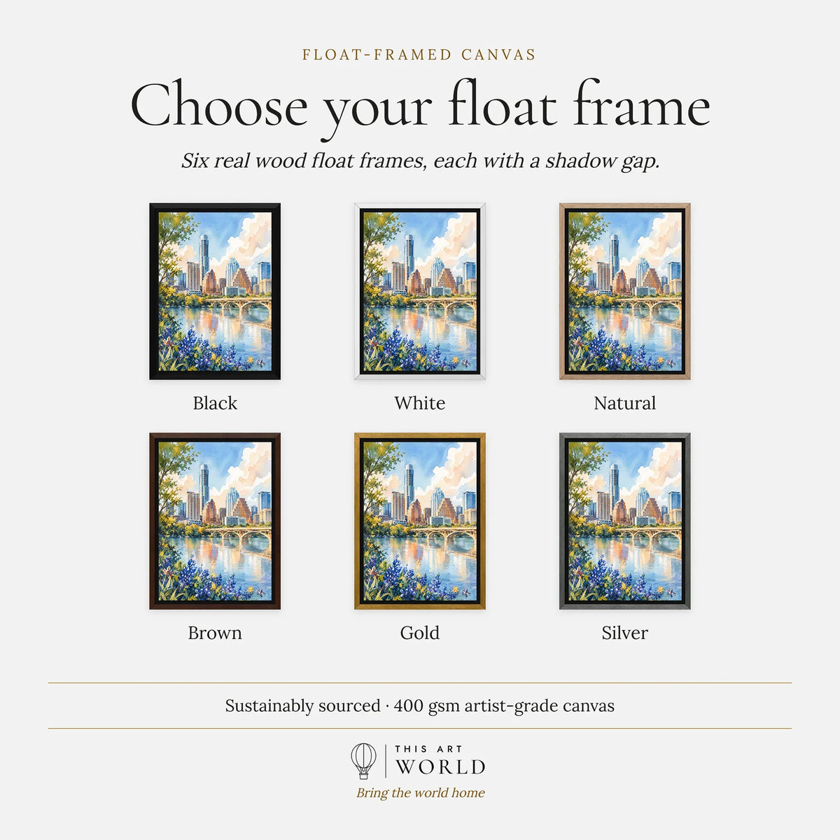 Austin skyline and Lady Bird Lake watercolour art print, float frame colour options for the framed canvas
